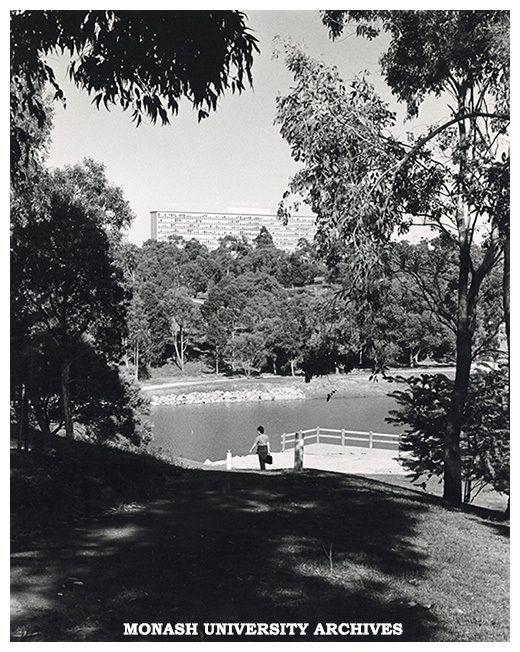 View across lake looking towards Menzies building