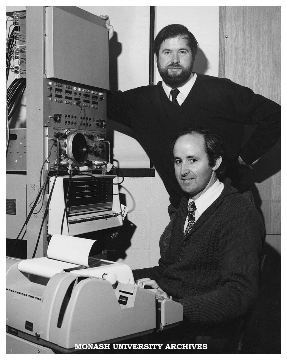 Dr John Bradshaw (standing) and Mr Norman Nettleton demonstrate some of the electronic equipment used to establish new findings