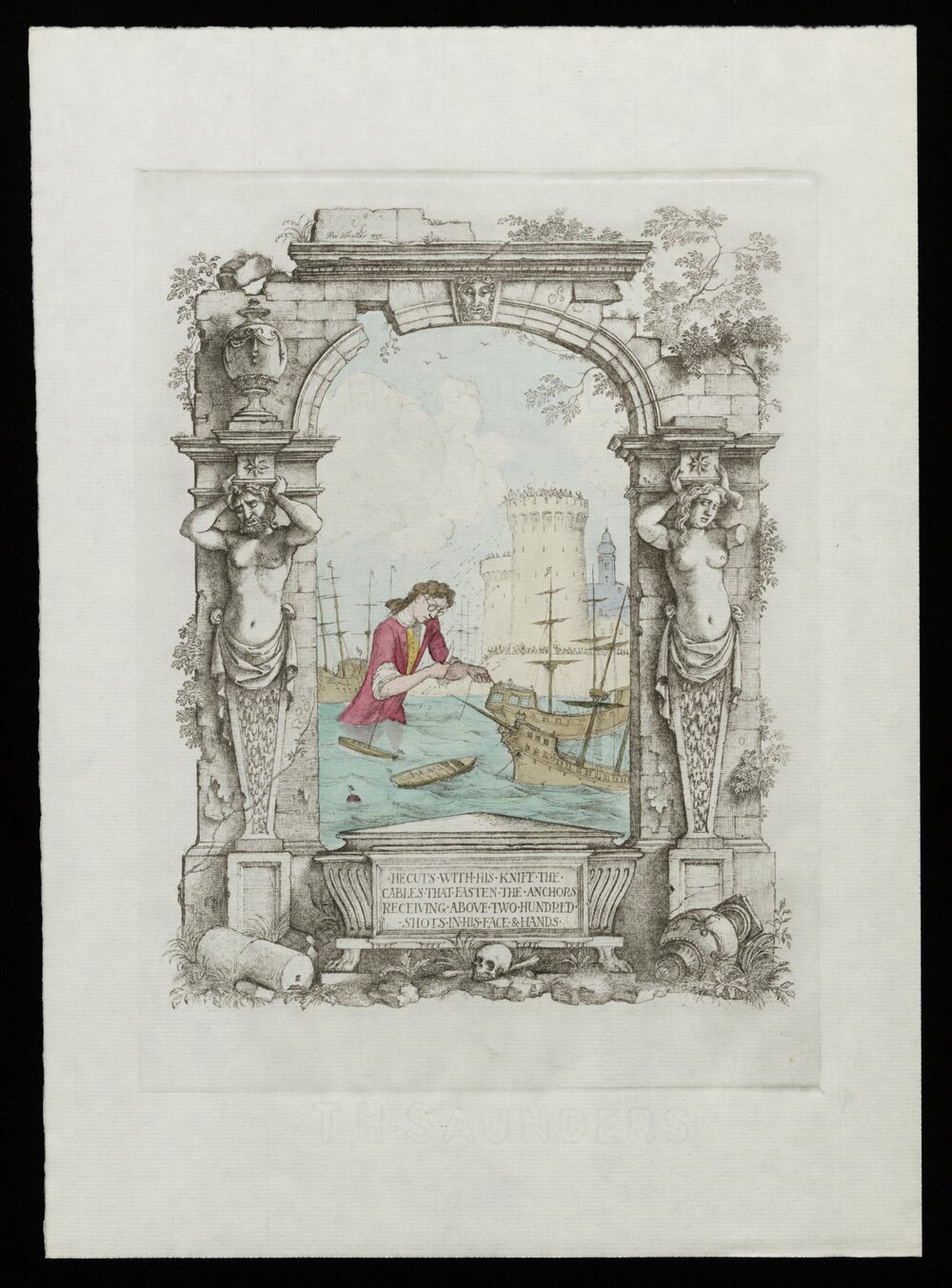 He cuts with his knife the cables that fasten the anchors receiving above two hundred shots in his face &amp; hands