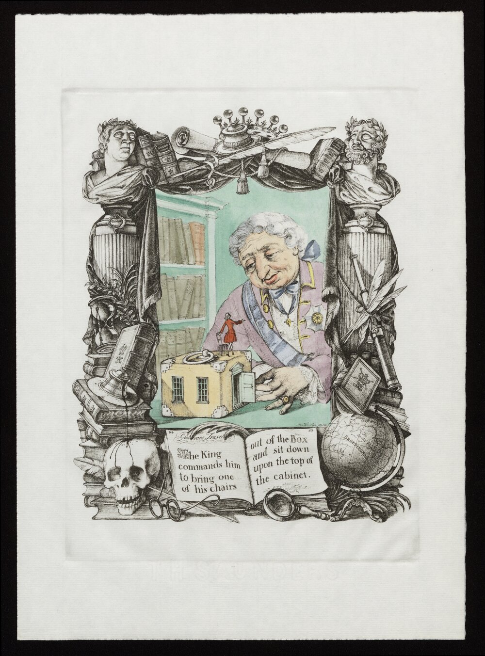 The King commands him to bring one of his chairs out of the Box and sit down upon the top of the cabinet.