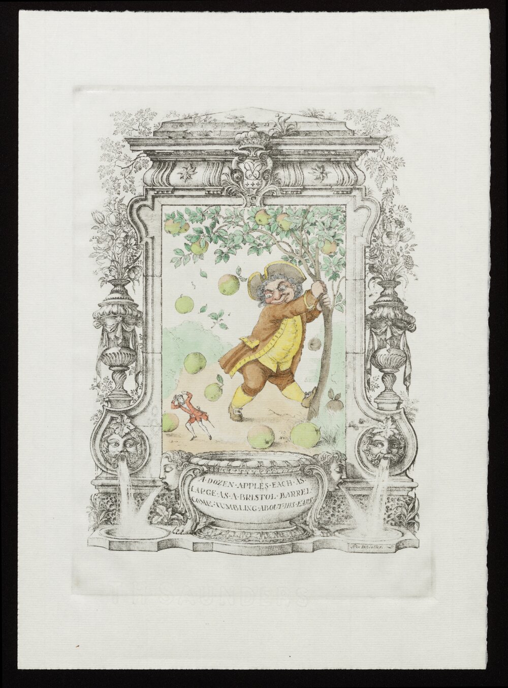 A dozen apples each as large as a bristol barrel come tumbling about his ears