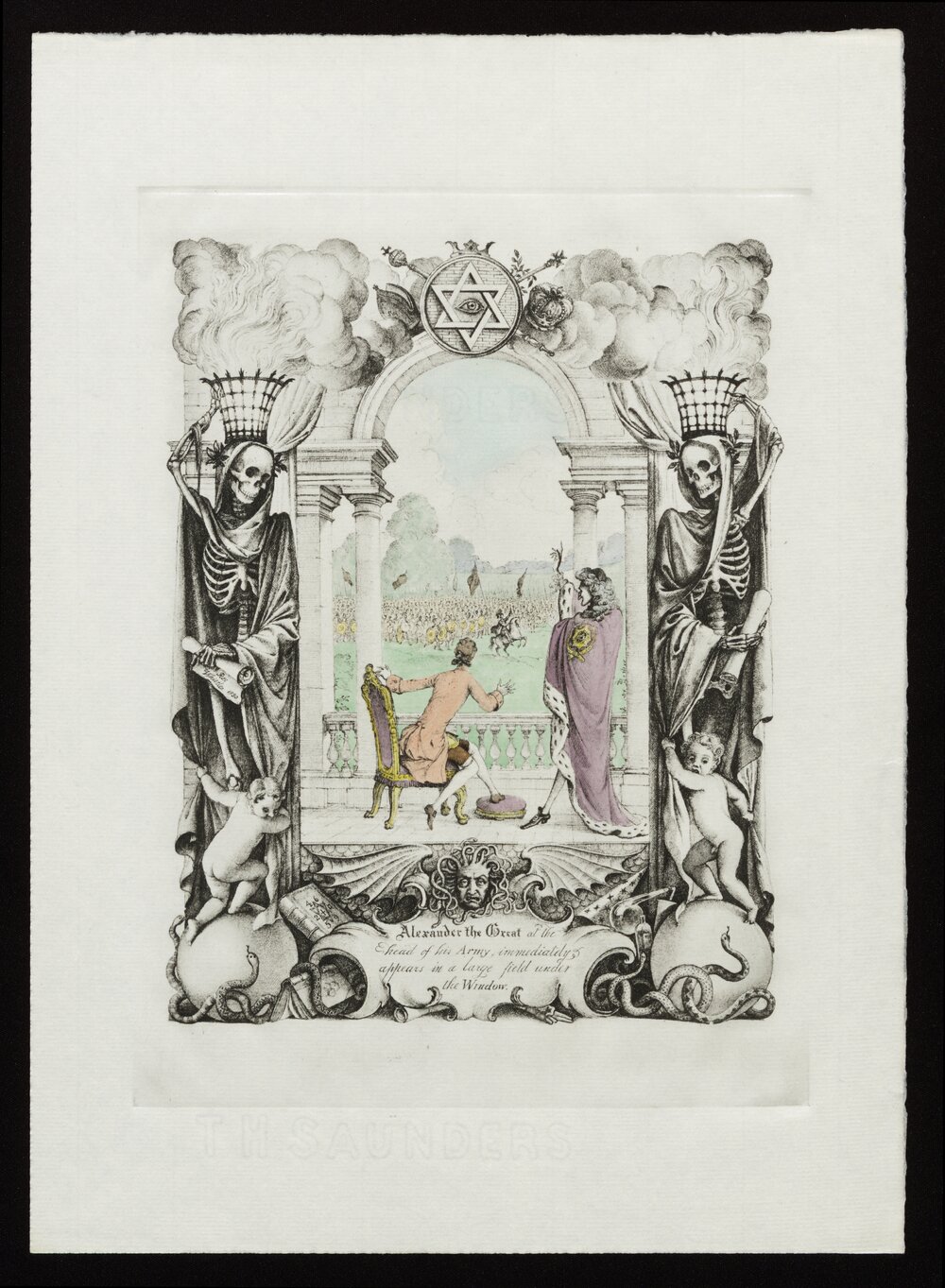 Alexander the Great at the head of his Army, immediately appears in a large field under the Window.