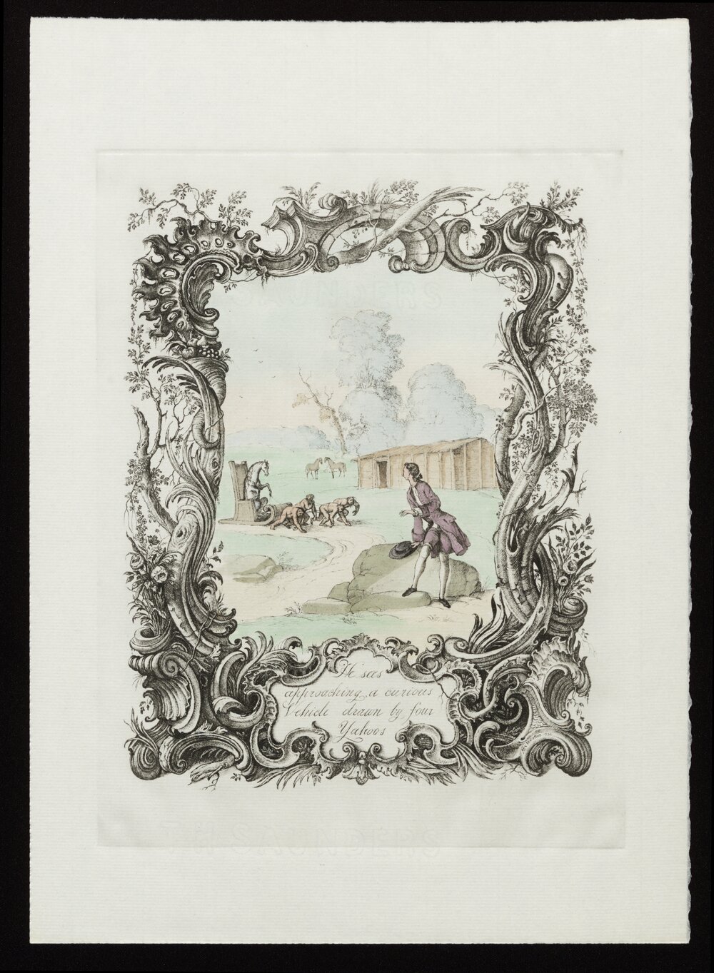 He sees approaching a curious Vehicle drawn by four Yahoos