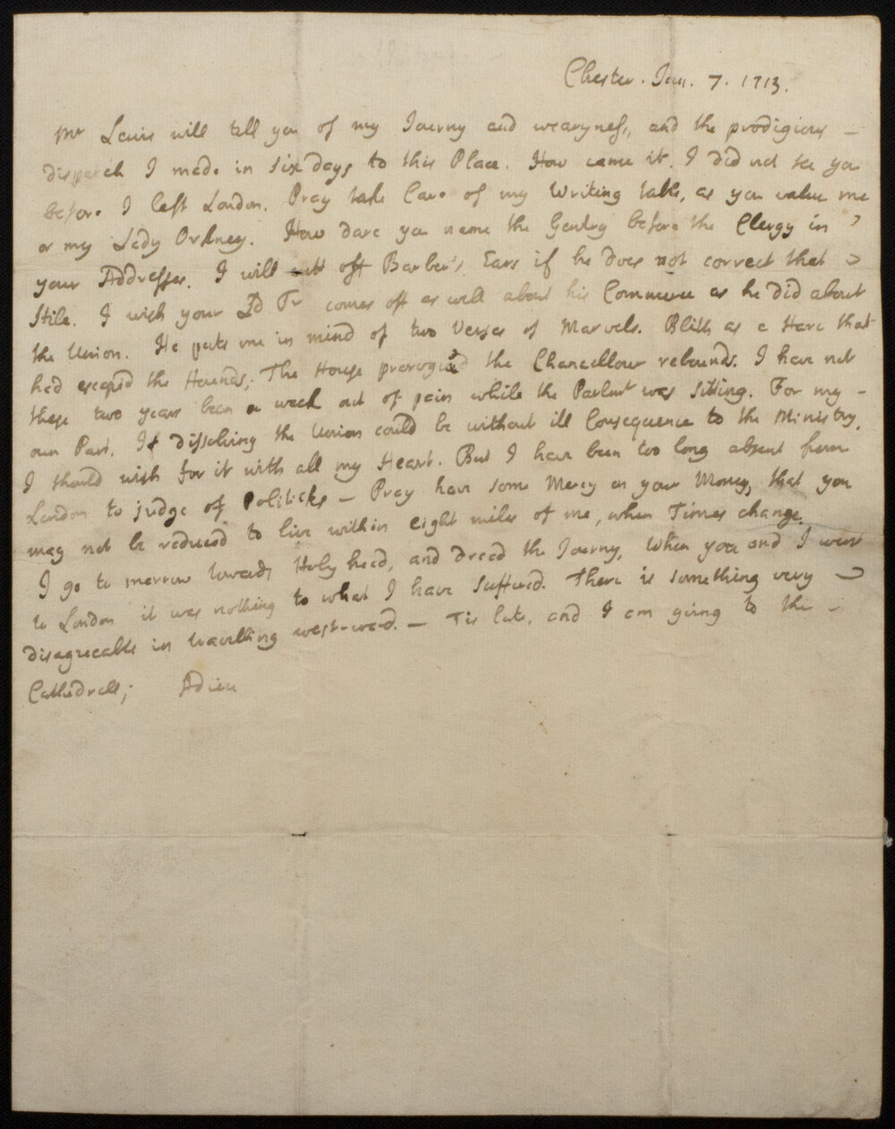 [Letter] 1713 June 7, Chester [to] Charles Ford, Whitehall, London