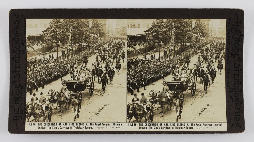 The coronation of H.M. King George V. The royal progress through London. The King's carriage in Trafalgar Square
