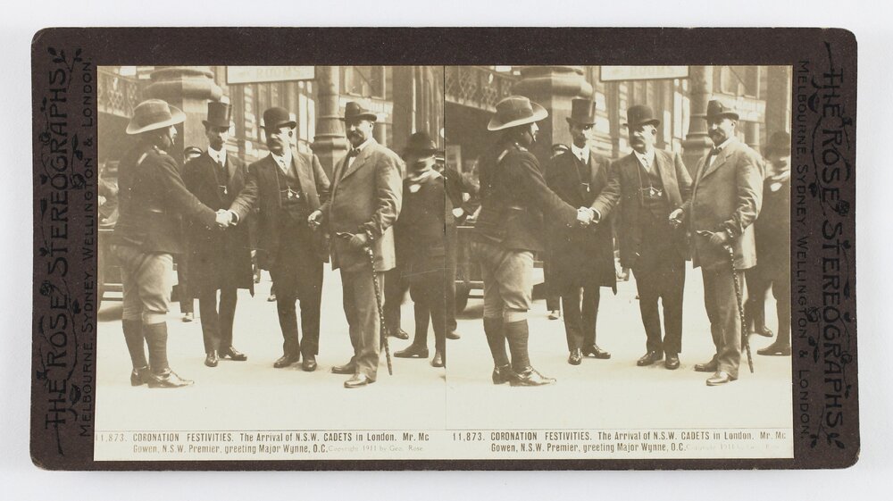 Coronation  Festivities. The Arrival of N.S.W. Cadets in London. Mr. McGowen, N.S.W. Premier, greeting Major Wynne, O.C