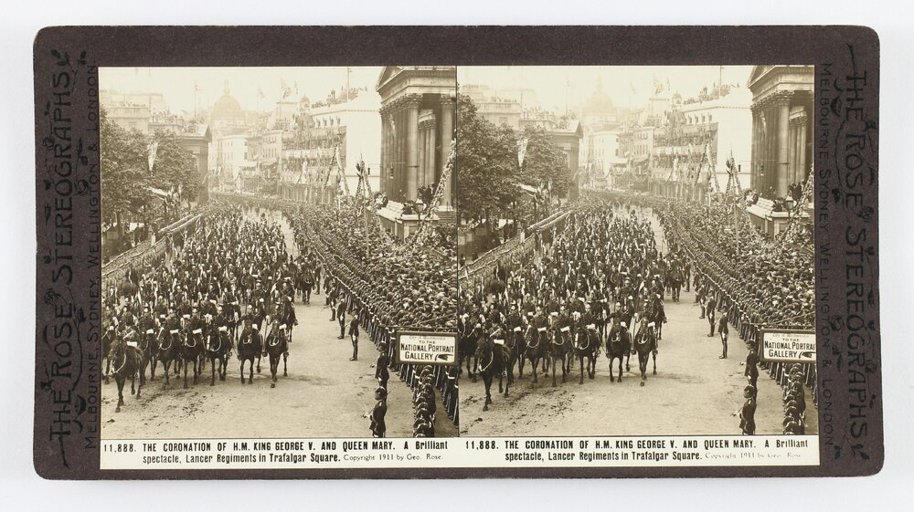 The coronation of H.M. King George V. and Queen Mary. A brilliant spectacle, Lancer regiments in Trafalgar Square