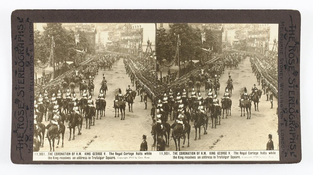The coronation of H.M. King George V. The royal cortege halts while the King receives an address in Trafalgar