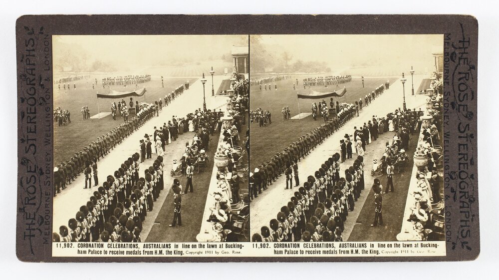 Coronation celebrations, Australians in line on the lawn at Buckingham Palace to receive medals from H.M. the King