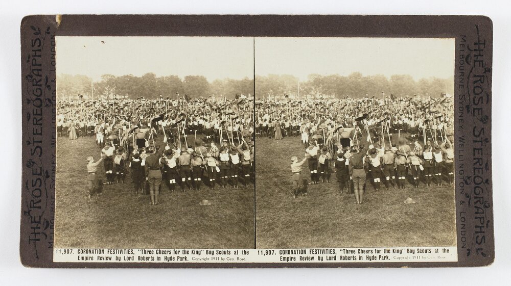 Coronation Festivites, "Three Cheers for the King" Boy Scouts at the Empire Review by Lord Roberts in Hyde Park