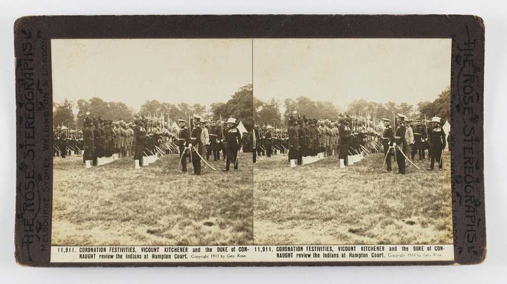 Coronation festivities, Vicount Kitchener and the Duke of Connaught review the Indians at Hampton Court