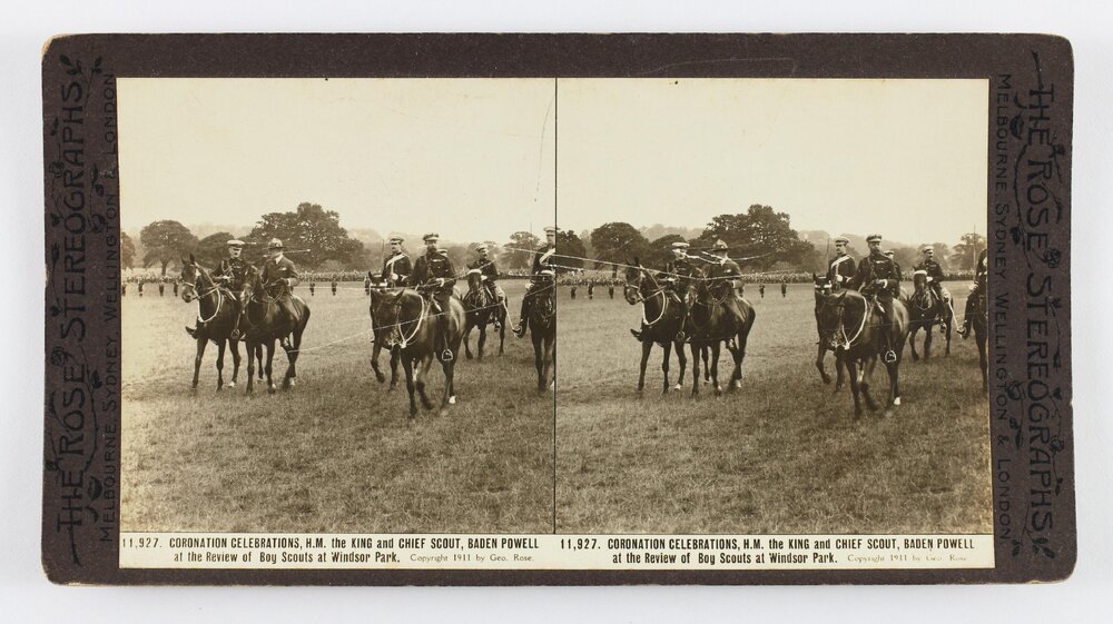 Coronation celebrations, H.M. the King and Chief Scout, Baden Powell at the review of boy scouts at Windor Park