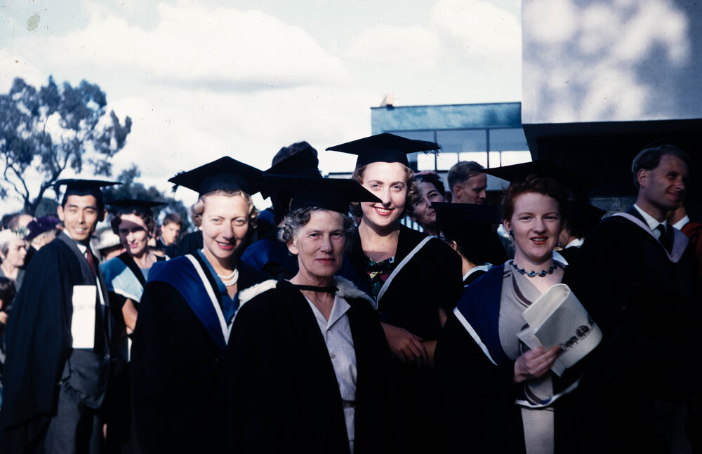 Gwen Carroll, Kathleen Thomson, Patricia White and Anne Frazer at Monash University opening ceremony, 1961