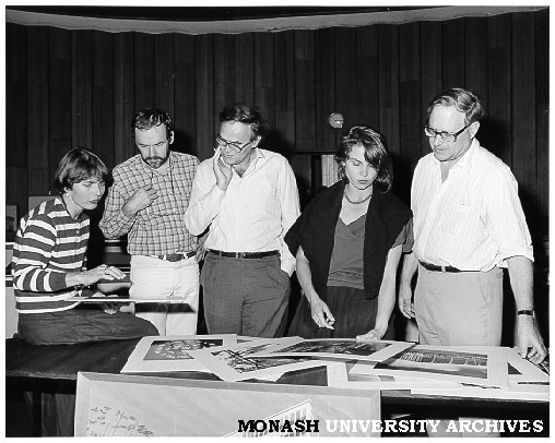 Selecting photographs for Silver Jubilee exhibition. From left: Jenepher Duncan, John Rickard, Bill Kent, Elaine Merkus and David Cuthbert