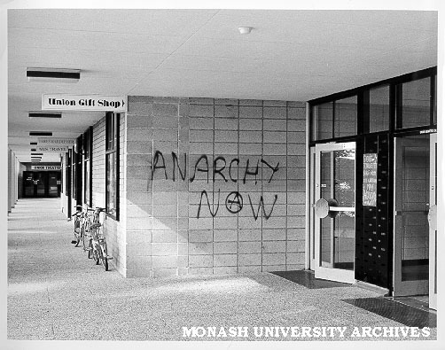 Graffiti on wall of Union Shop - 'Anarchy Now'