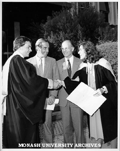 Law graduates Mr John Cain Jr. (left); the Victorian Premier, Mr John Cain; the Leader of the Opposition, Mr Lindsay Thompson; and his daughter-in-law, Ms Theana Thompson