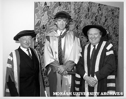 David Williamson (centre) after receiving Doctor of Letters, with Chancellor Sir George Lush (left) and Vice-Chancellor Professor Mal Logan