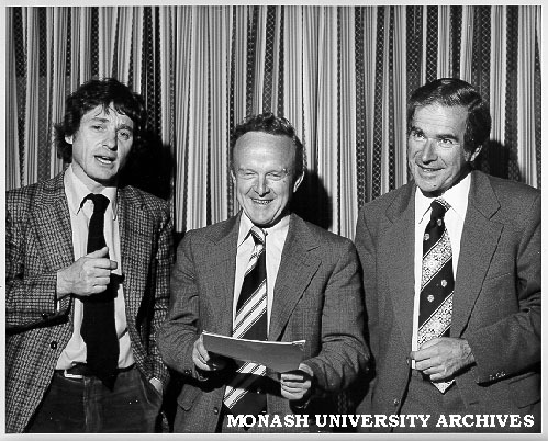 Senator John Button (centre), Professor Ray Martin (right) and Staff Association President Dr Peter Darvall, after address on future of tertiary education and role of universities in society