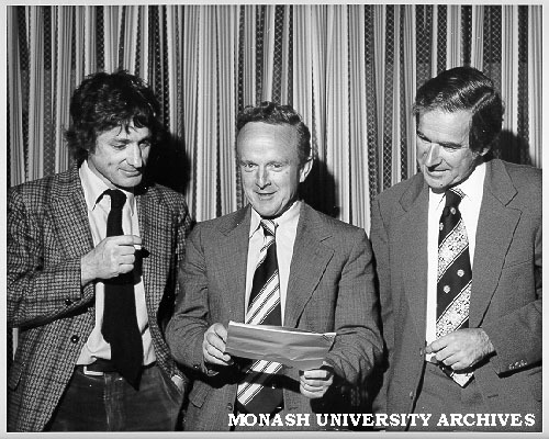Senator John Button (centre), Professor Ray Martin (right) and Staff Association President Dr Peter Darvall, after address on future of tertiary education and role of universities in society