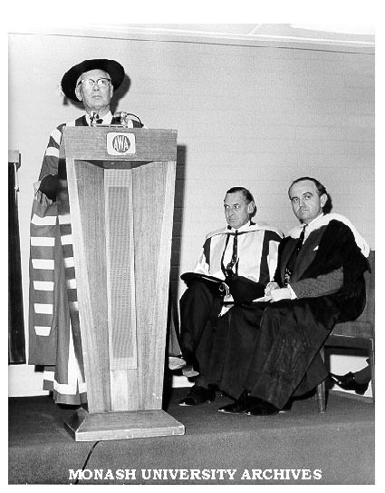 Sir Robert Blackwood opening David Derham School of Law. Professors David Derham and Louis Waller at right