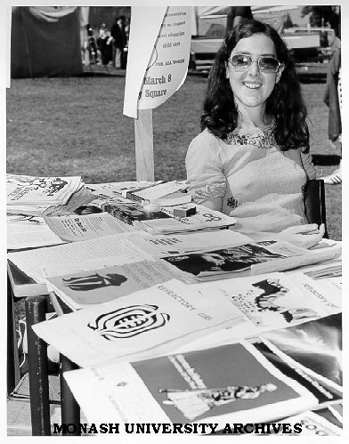 Ms Hania Bibrowska at Women's Liberation Movement table, Orientation Week 1975