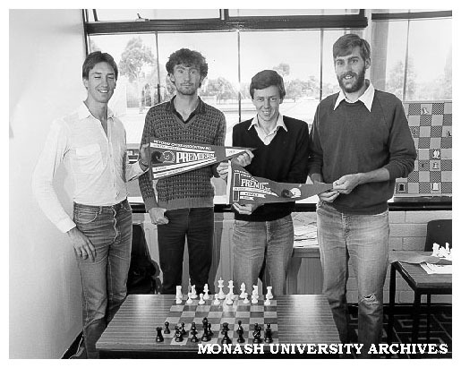 Monash Chess Club members. Winners of 1985 Victorian Chess Association A-grade premiership, from left: Guy West, Matthew Drummond, Ross Thomas, Murray Smith