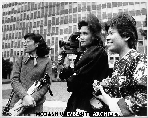 Visiting Thai news team (from left): Porn Senawong, President of Monash Thai Students Association, Laddawan Wongsriwong, Thai TV news personality, and Siriporn Srethapramote, editor of Thailand's Student Weekly