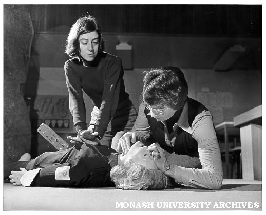 Safety and First Aid Club members Robyn Anker (right) and Jill Poynton, demonstrating Rescue Annie