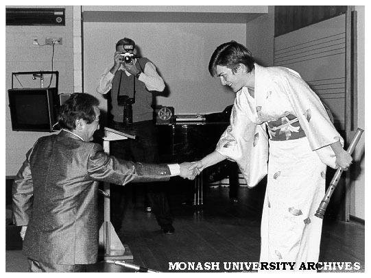 Anne Rudolph after performing music composed in honour of Mr Hiroyuki Iwaki conductor of Melbourne Symphony Orchestra