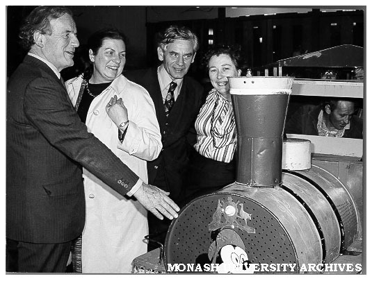Guests at opening of 'The Signalman's Apprentice' at Alexander Theatre (from left): Professor Guy Manton and Mrs Manton, Dr Logan Francey, Director of Alexander Theatre and Mrs Francey