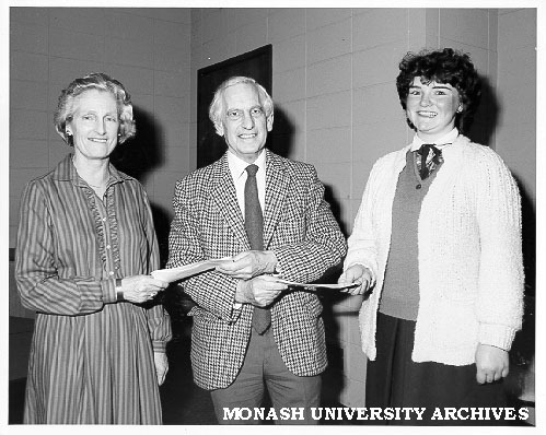 Margaret Scott (left) and Rozlyn Gaffney accepting Garnet H. Carroll awards from Professor John Legge