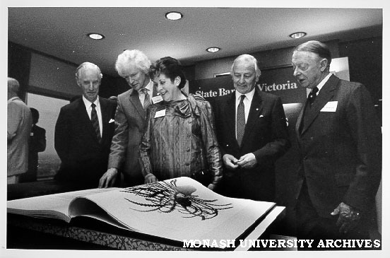 Launch of Volume 2 of 'The Banksias', from left: Mr J. Arnold Hancock, Chairman of the State Bank; Alex George (author); Celia Rosser (artist); Dr Davis McCaughey, and Chancellor Sir George Lush