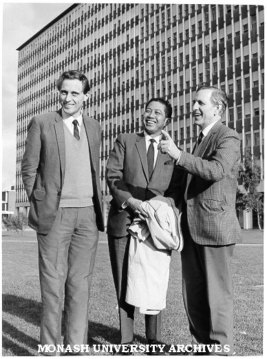 Mr J. A. C. Mackie (left) and Professor J. D. Legge with visitor, former Deputy Prime Minister of Indonesia, Dr Sudjarwo Tjondronegora