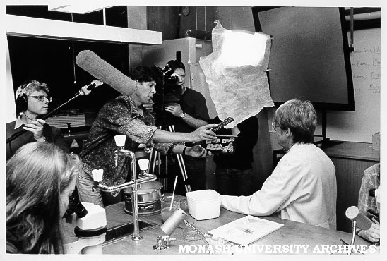 Crew from Warner Dalton Film and Television Productions recording interview with Dr Beth Gott, from left: Lloyd Carrick, John Hughes and Jaemes Grant