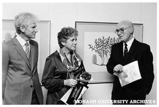 Alex George (left), Celia Rosser and Sir Louis Matheson at opening of exhibition of Rosser's watercolours