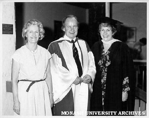 Celia Rosser (right) with Professor Bill Scott and Margaret Scott after award of honorary Master of Science
