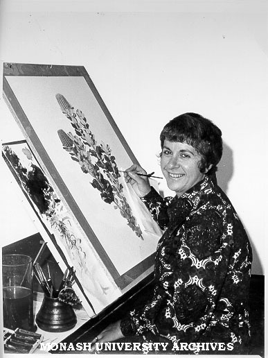 Celia Rosser at work on banksia watercolour