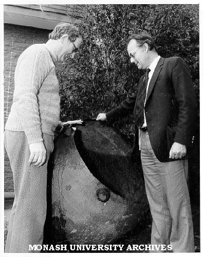 Dr Glen Deacon (left) and Dr Bruce Coller with amalgamation barrel from Victorian goldmine