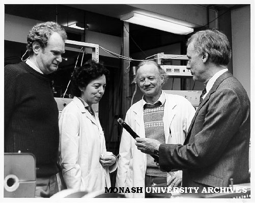 Tricarbon monoxide research team. Dr Peter Godfrey (left), Dr Patricia Elms, Dr Frank Eastwood, and Professor Ron Brown