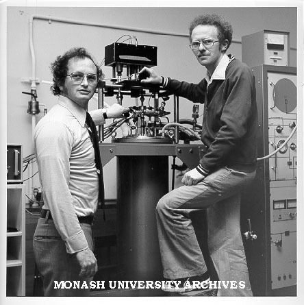 Dr K. S. Murray (left) and student Kevin Barry with liquid helium faraday magnetic susceptibility balance