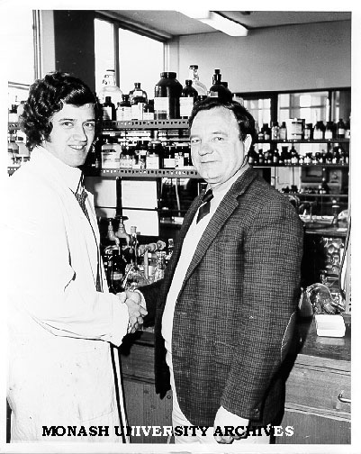 Supervisor Dr Tom Smith (right) congratulating student David Cookson, winner of Royal Society's Rutherford Scholarship