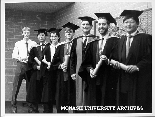 Prize winning graduates, Andrew Western (left), Chieng Lee Hong, Kevin Hellier, Michael Shaw, Professor Eric Laurenson, Jonathan Shmerling and Phillip Yap