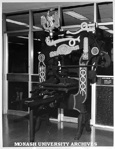 Columbian printing press in foyer of Main Library