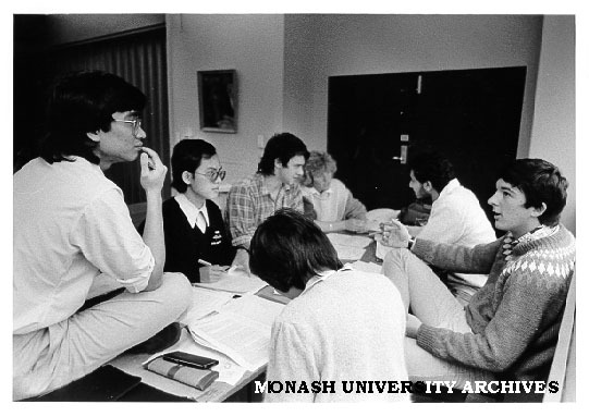Civil Engineering students working on co-operative project. J. V. Leong (left), Kho Yok Esong, Vaughan Griffiths, Jane Bevege, Sekhar Chakrabarty, Simon Zadow, Lee Seonghian