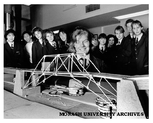 Susan James, winner of high school spaghetti bridge competition, with fellow Firbank students