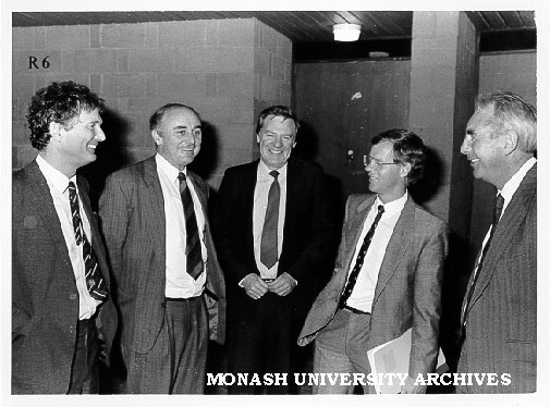 Launch of Chair in Public Sector Management. Unidentified man (left),Professor Allan Fels, Professor Mal Logan, Mr Rob Jolly, and Professor Gus Sinclair.