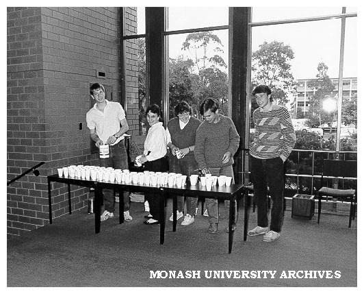 Students hosting HSC Economics Lectures series. Peter Wihman (left), Milena Penca, Maria Themistocleous, Rowan Harry and Robin Larsen (tutor)