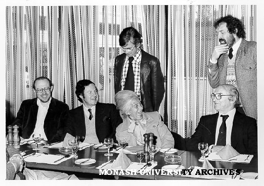 Dr Ann Bohm of London School of Economics with former students including Professor Rufus Davis (right), Dr Peter Riach (left) and Dr Barry Goss