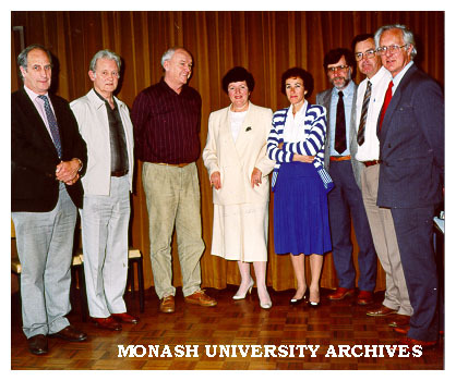 Victorian Minister for Education, Joan Kirner with Faculty of Education staff. Alan Gregory (left), John Hunt, Martin Sullivan, Mrs Kirner, Gilah Leder, John Baird, Jeff Northfield and Professor Peter Fensham