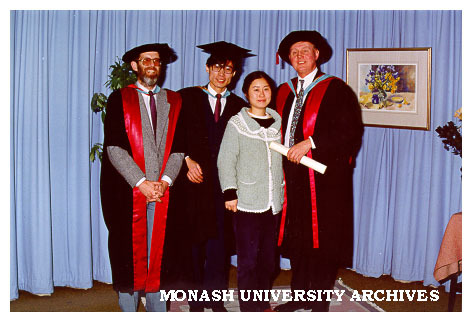 Xia Guangzhi, first Master of Educational Policy and Administration graduate, with wife Cao Li; Assistant Professor Gerald Burke (left) and Dean of Education Professor David Aspin